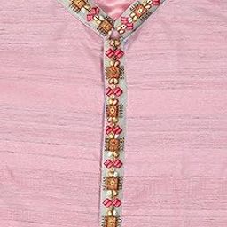 Pulse Weaves Men's Unstitched Solid Kurta Fabric Set, Pink Poly Raw Silk with Santun Silk, 3 Meters, Upto 5XL-5