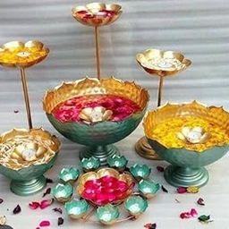 N N Creation Taj Urli Floating Flower Set | Hammered Taj Set with Stand | Urli with Bowl for Living Room | Pooja Diya, Diwali, Christmas, Festival Decor Set of 9 Pcs Combo Pack-image-65