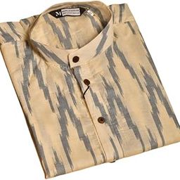 Men's Pure Cotton Ikat Kurta with Mandarin Collar & Wooden Buttons – Handloom Ethnic Wear – Beige & Grey Printed Long Kurta for Festive, Casual, and Daily Use – Full Sleeves-picture-14