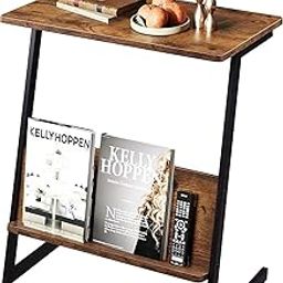 INDIAN DECOR 44612 Snack Side Table, C Shaped End Table with Magazine Rack for Sofa Couch and Bed, TV Tray Table with Metal Frame, Industrial, for Living Room, Bedroom, Black-image-88