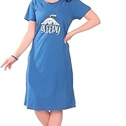Printed Knee Length Pocket Night Dresses for Women | Cat Lovers | Premium Soft Cotton Nighty | Sky Blue-image-63