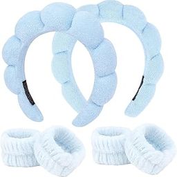 Spa Headbands for Women Girls Sponge Cute Pink Makeup Skin Care Headband Wristbands Set for Washing Face Towels Bubble Soft Hairband Puffy Headwear Winter Non Slip Thick Thin Hair Accessory (Blue, 1)-image-71