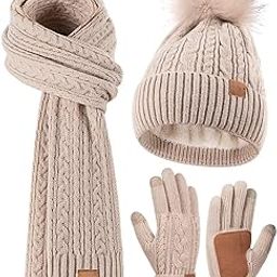 Winter Beanie Hat Scarf Gloves Set for Women, Pom Pom Beanie Fleece Lined Knit Neck Warmer Touchscreen Gloves 3 in 1 Gift Set-image-28