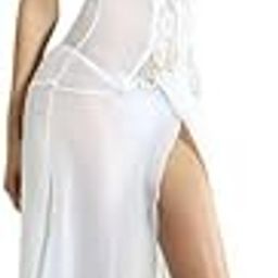 Women`s Sheer Net Lace Polyester Solid Plain Slip Babydoll Lingerie Deep V Neck Long Night Gowns Dress with G-String Panty S-3XL-27