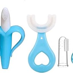 BADAL KIDZ BPA-Free Baby Silicone Finger Brush With U Shaped ToothBrush & Banana Toothbrush Or Teether | Oral Teeth Cleaning Tools For Infants, Kids, New Born Baby & Toddlers (Pack of 3,Blue)-12