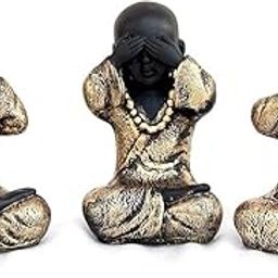 cuteeagle Handcrafted Set of 3 Baby Monk Figurines - 12 cm, Polyresin, Gold & Black Decorative Showpieces for Home Décor-3