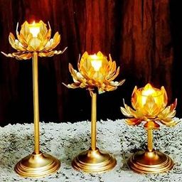 Lotus Golden Tealight Holder Stylishly Shaped Lotus Candle Stand Metal Beautiful Design Home Decoration Festival Occasions Size 12,10,8 Inch Set of 3 Not Include Glass(Adjustable)-2
