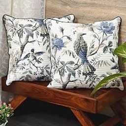 Clasiko Cotton Cushion Covers Set of 2; 24x24 Inches; Blue Flowers & Birds-image-1