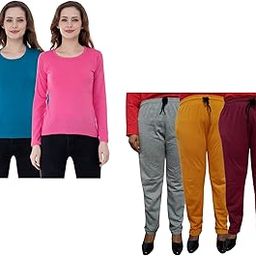 IndiWeaves Women Winter Wear Solid Cotton Full Sleeves T-Shirt and Fleece Warm Lower/Track Pants (MultiColor66, 42-XXL) Pack of 5-image-17
