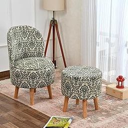 NACIA Printed Ottoman Chair with Pouffe Footstool Set for Living Room (18x32 Inch) | Footrest & Seat | Puffy Foam Wooden Leg Stool | Perfect for Home Décor, Sofa & Dressing Table (Green Damask)-image-59