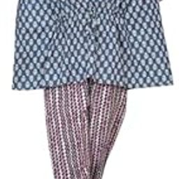 KAVERI KREATIONS Women's Cotton Printed Short Kaftan with Pants - Comfortable Free Size Kaftan Top & Bottom Set with Pocket (Blue)-38
