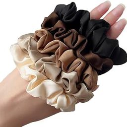 Silk Hair Scrunchies, Pack of 4, Neutral Colors - Cream, Beige, Brown, Black-54