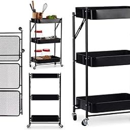 Smart Saver Foldable 3 Tier Metal Utility Rolling Cart, Folding Mobile Multi-Function Trolley Organizer for Home Library Office,Living Room Snacks Fruit and Vegetable Storage Rack(Black)-image-78