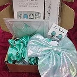 Gift Set, Mint Green Hair Scrunchie, Glitter Bow, Press-on Nails, Earrings, Cartoon Pouch-image-3