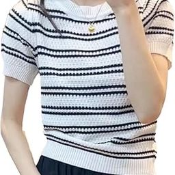 Women's Knitted Short-Sleeve Crew Neck Horizontal Striped Crop Top T-Shirt Dn821-9