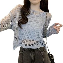 CRAMPLE®Women Outfit Set Two Pcs Korean Summer Knitting Blouse Cutout Thin Sexy See Through Hollow Out Pullover Sun Protection-image-68