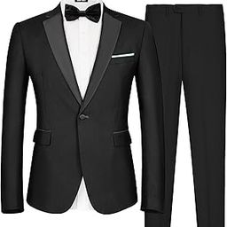 Men's 2 Piece Suit One Button Slim Fit Formal Wedding Prom Tuxedo Suits Blazer Pants with Bow Tie Set-3