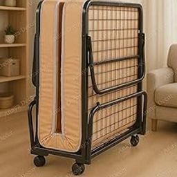 Rollaway Folding Single Bed with 6-Inch Luxury Foam Mattress from Anaya Enterprises | Heavy-Duty Metal Frame | Lockable Wheels | Portable & Space-Saving Design (with Biege Mattress)-image-7