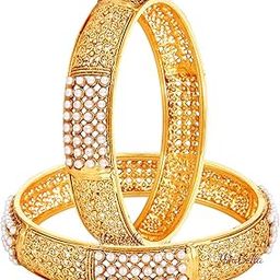 Jewellery Traditional Gold Plated Pearl Studded Bracelet Bangles Set for Girls and Women-image-57