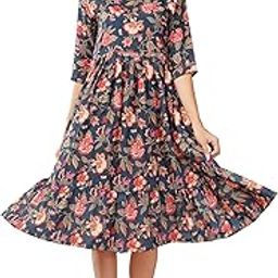 Stylish Floral Blue Printed Calf-Length Flared Gown Kurti Anarkali Kurti Cotton Dress for Women- Flared Western Dress with 3/4 Sleeve Gown for Festivals -S-3xl-image-31
