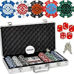 WISHKEY Casino Style Poker Set,300 Pcs Ceramic Printed Denomination Chips with Lockable Aluminum Finish Case,2 Decks of Card Game,5 Dice,1 Dealer Button,2 Keys,Classic Multiplayer Game,14+ Years-19