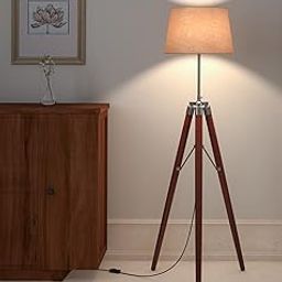 Sleek Tripod LED Floor Lamp Standing Wooden Natural Brown Polished And Nickel With 12 Inches Jute Lamp Shade For Living Room Corner, Home, Hotel, Office (Pack Of 1)-4
