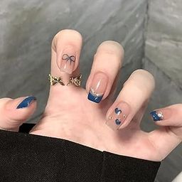 24 Reusable Artificial Fake Nail Set | Base Peach colour with Blue Bow Design Squoval Glossy Nails Squoval | Lightweight & Long Lasting | Quick Fix For Festivals & Special Occasions-12