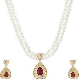 Jewellery For Women Gold Plated Two Layered Aesthetic White Pearl Necklace set with Red & White Crystals for Women-9063 NKER-image-21
