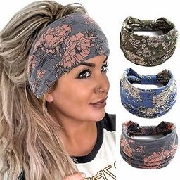 Cagora Boho Bandeau Headbands Wide Knot Hair Scarf Floral Printed Hair Band Elastic Turban Thick Head Wrap Stretch Fabric Cotton Head Bands Thick Fashion Hair Accessories for Women and Girls 3 Pcs (Boho)-46