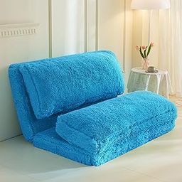 MAXYOYO Bean Bag Bed Floor Bed, Faux Fur Floor Sofa Floor Chairs for Adults, Folding Sofa Bed Foam Filling Wall Couch Sleeper Chairs Single Size Floor Mattress, Blue, 30x95 Inch-image-18