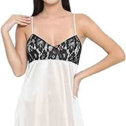 | Since 2019 | Satin Babydoll Nightdress, V-Neck, Sleeveless with Lace Detail, White-image-13
