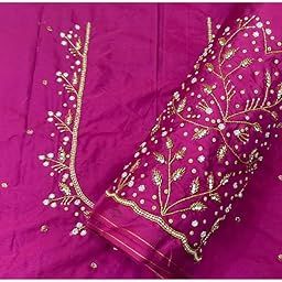 Traditional Aari Work Art Silk Blouse Fabric, Rani Pink with Gold Floral Embroidery, Unstitched, 1 Metre-image-42