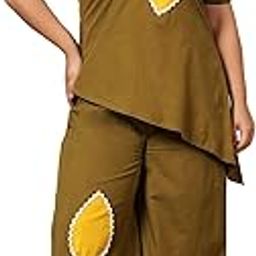 Patch Work Cotton Tunic & Pants Plsu Size Co-ord Set For Women's|One Shoulder Half Puff Sleeve Regular Fit Stylish Summer Western Casual Wear Ladies Cord Set-52