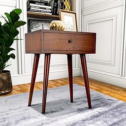 Wooden Bedside Table, Nighstand with Solid Wood Legs for Bedroom, Classic Lamp Stand or Sofa Side Table with 1 Storage Drawer for Living Room and Offices-11