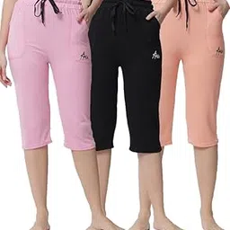 anixa Women's Cotton Capri Multicolors Pack of 3 Drawstring Waist with Pockets-picture-14