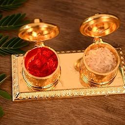 Collectible India Metal Golden Finish Chandan Roli Box Double Kumkum Dani Pooja Purpose (Set of 1)-image-53