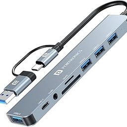 Portronics Mport 8 Plus Dual Hub(Type C and USB) (8-in-1) with AUX, USB 3.0, microSD/SD Card Reader, Type-C Data, PD Charging, USB 2.0, Type-C and USB Plug for Laptop, Mac, PC (Grey)-1