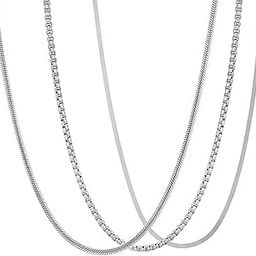 FASHIONS Classic Trendy Stylish Stainless Steel Silver Snack Neck Necklace Box Chains for Men Boys(Combo Pack Of 3 Pieces)-18