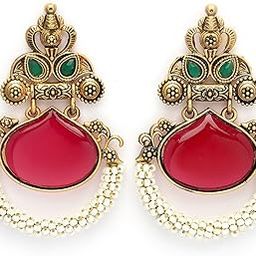Red Stone Studded Gold Plated Drop Earrings for Women-image-2