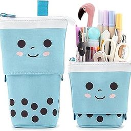 FINEMOE Polyester Standing Case Cute Pencil Pouch For Girls&Boys-Korean Boba Pop Up Stationery Makeup Cosmetic Organizer Box,Pen Pencil Pouches For Stationary Boys Kids Women School Students(Blue)-picture-20