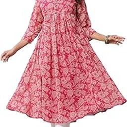 janasya Women's Dark Pink Chiffon Lurex Floral Printed Flared Kurta-picture-32