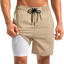 Mens Swim Trunks with Compression Liner 5 inch Inseam Quick Dry Bathing Suits with Zipper Pocket-No Thigh Chafing-image-56