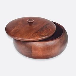 Handcrafted Wooden Storage Bowl with Lid, Round Shape, Brown-image-41