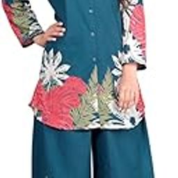 Women's Floral Print Cotton Co-ord Set, Button-Down Shirt with Palazzo Pants, (IN, Alpha, XL, Rama Green)-image-45