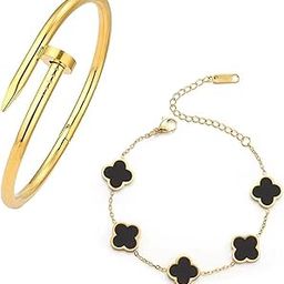 Gold Plated Fashion Jewellery Combo Pack of 2 Stainless Steel Anti Tarnish Nail Style Bangle Bracelet And Black Clover Style Link Bracelet For Girls and Women CO1000480GLD-21
