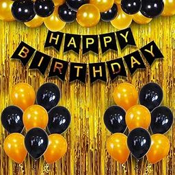 Party Propz Happy Birthday Decoration Kit - 46 Pcs Black and Gold Balloons for Birthday Decoration Kit for Husband, golden Foil Curtain, Black and Gold Banner (Cardstock)-95