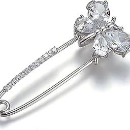 Platinum Plated Traditional American Diamond 'Fluttering Elegance' Butterfly Brooch Cum Saree Pin for Women and Girls (Brooch0644) 1 Pc-image-90