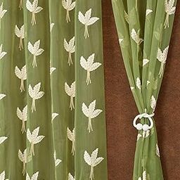 littlelotus Leaf Pattern Embroidery Tissue Net Sheer Transparent Curtains for Window 5 feet Long Set of 2, Green-picture-5