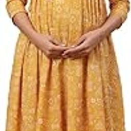 Pre & Post Maternity/Nursing Wear Hand Block Printed Kurta Cum Midi Dress/Nighty with Both Sides Zipper for Easy Feeding for to Be Moms & Nursing Mothers Cotton Light Mustard-image-71