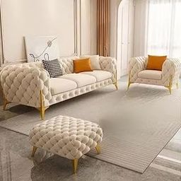 India Furniture City - Velvet Chesterfield Sofa Set with Ottoman, 3+1+Ottoman, Button Tufted, Golden Metal Legs for Living Room, Bedroom, Hallways (Off White)-image-49